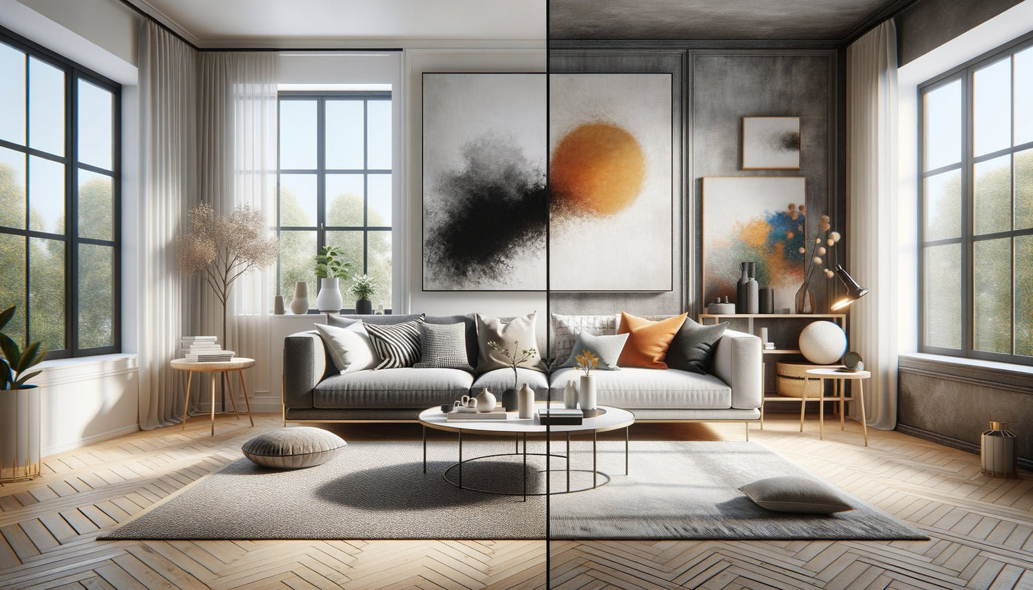 Comparaison visuelle intérieur moderne avec tableau noir et blanc versus tableau couleur au-dessus d'un canapé