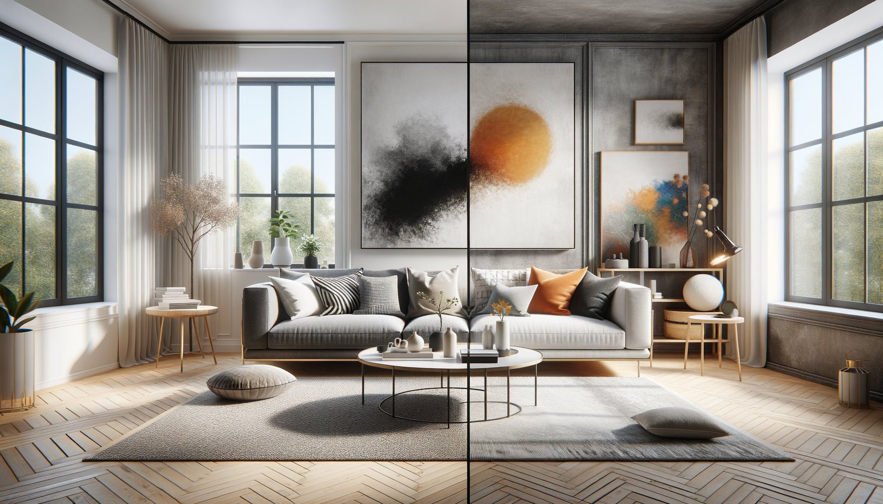 Comparaison visuelle intérieur moderne avec tableau noir et blanc versus tableau couleur au-dessus d'un canapé