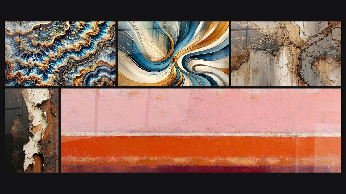 Mosaico de cinco cuadros, entre ellos Marea Dorada, Abstracto horizontal rosa coral y burdeos y Espirales Elegantes