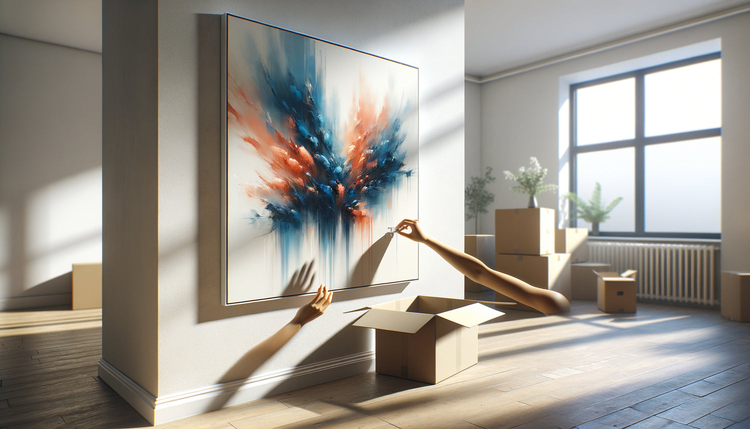 Installation d'un tableau abstrait coloré sur mur blanc d'un nouvel appartement avec cartons de déménagement symbolisant un nouveau départ