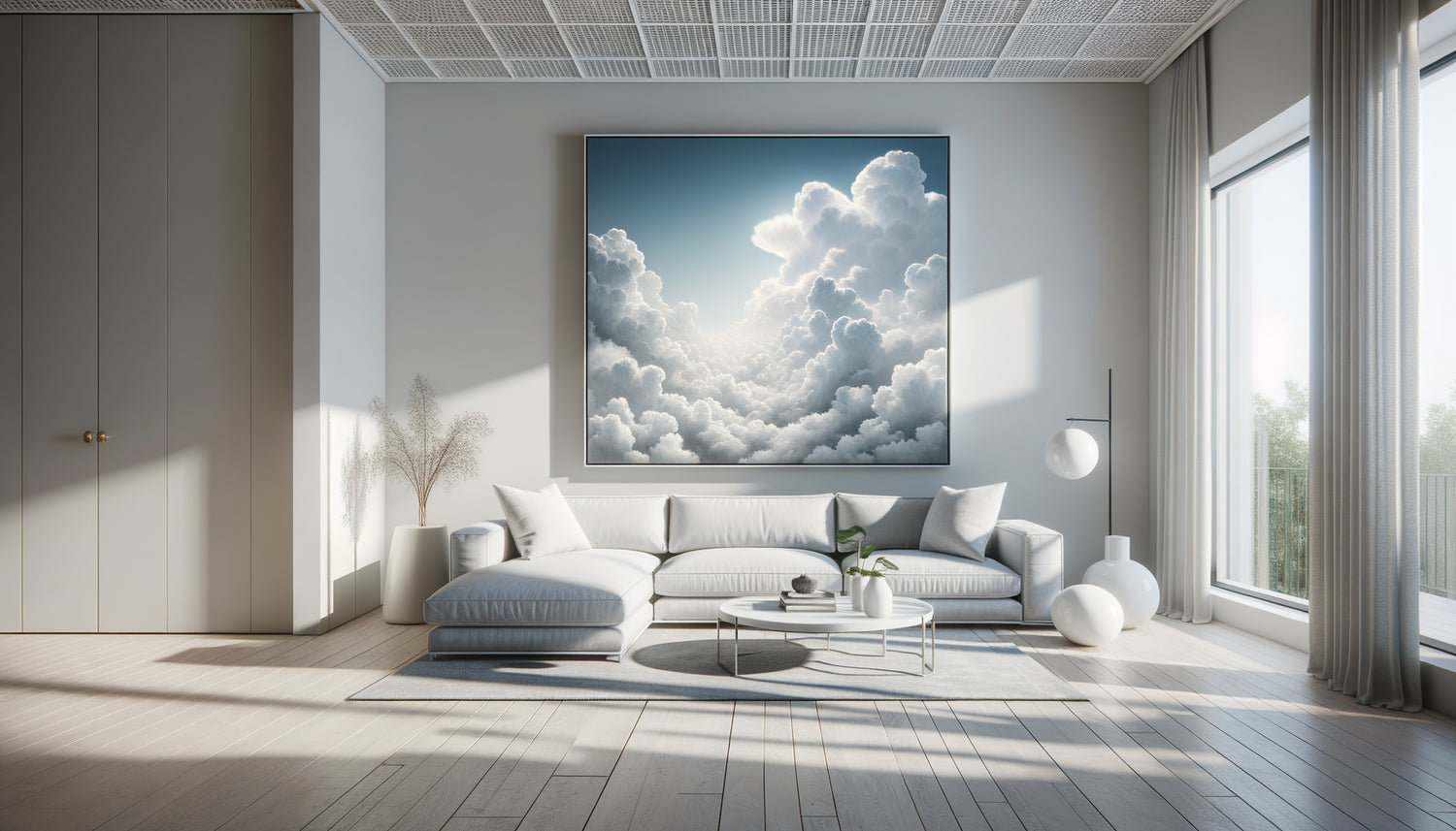 Intérieur contemporain avec grand tableau de nuages lumineux créant une impression de légèreté et d'ouverture spatiale