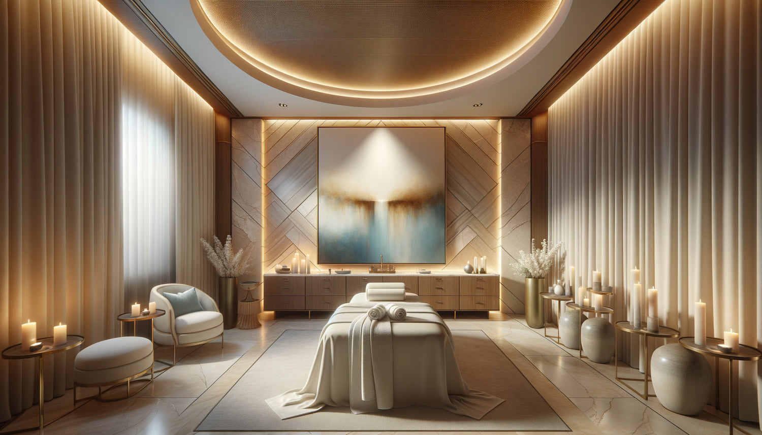 Salle de soin de spa haut de gamme avec tableau original contemporain aux tons apaisants comme élément central de décoration premium