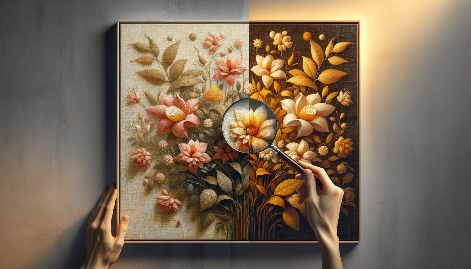 Comparaison photographique entre tableau original avec texture visible et reproduction de qualité imprimée