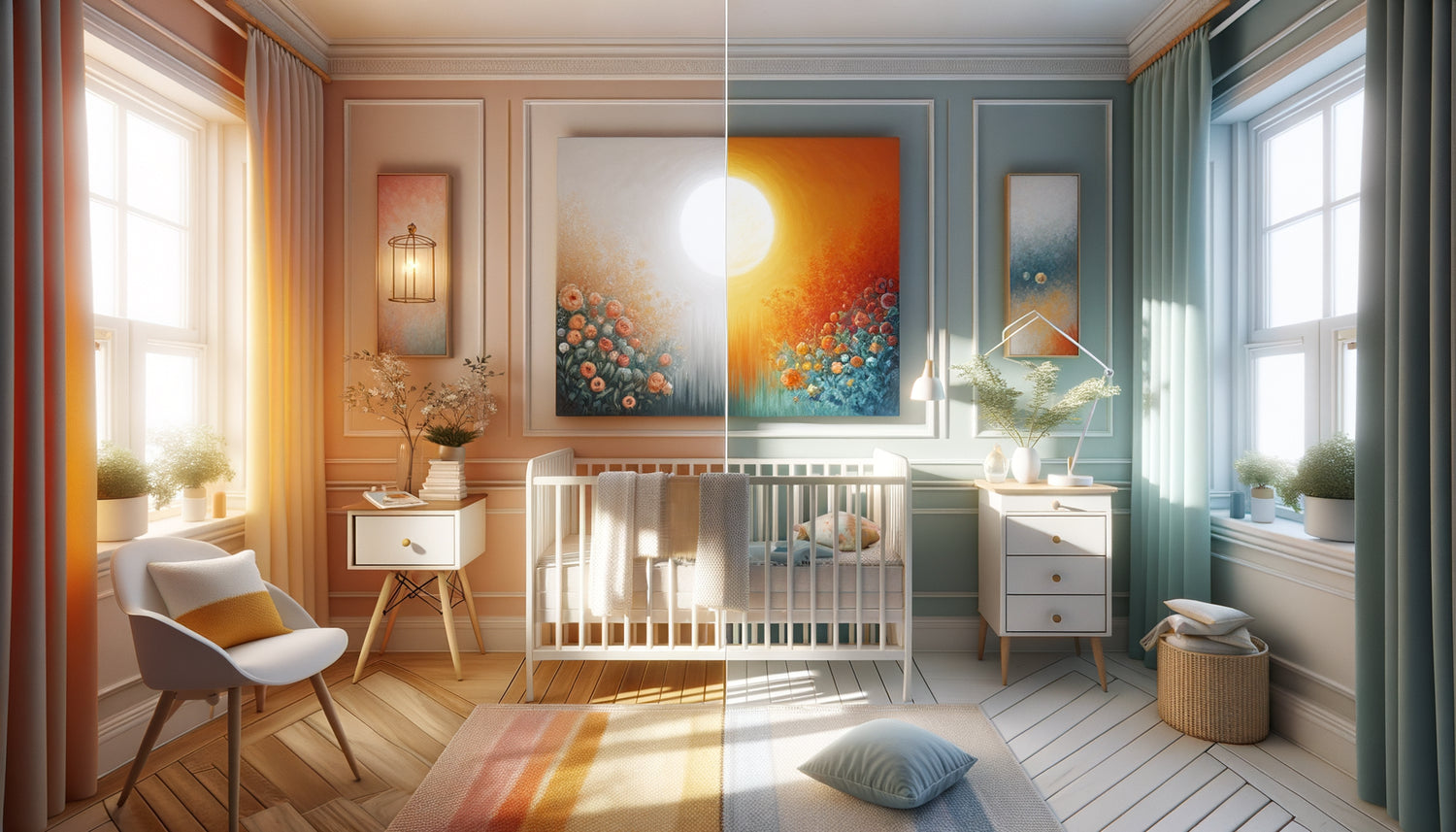 Chambre de tout-petit montrant contraste entre tableau aux tons chauds stimulants et tons froids apaisants