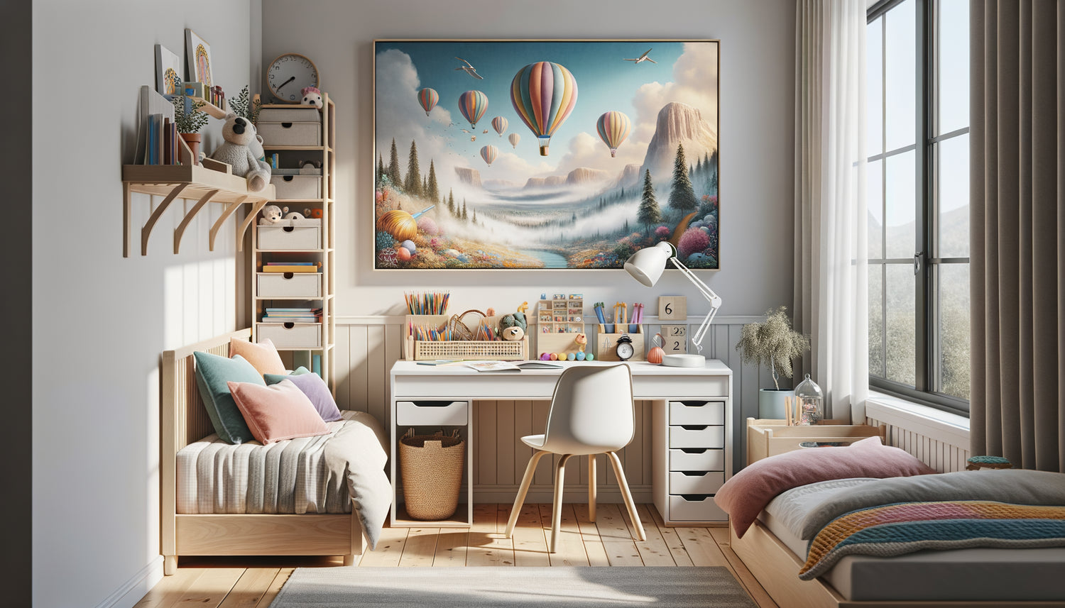 Bureau d'enfant avec tableau panoramique 100x40cm au mur, décoration inspirante et colorée pour espace de travail