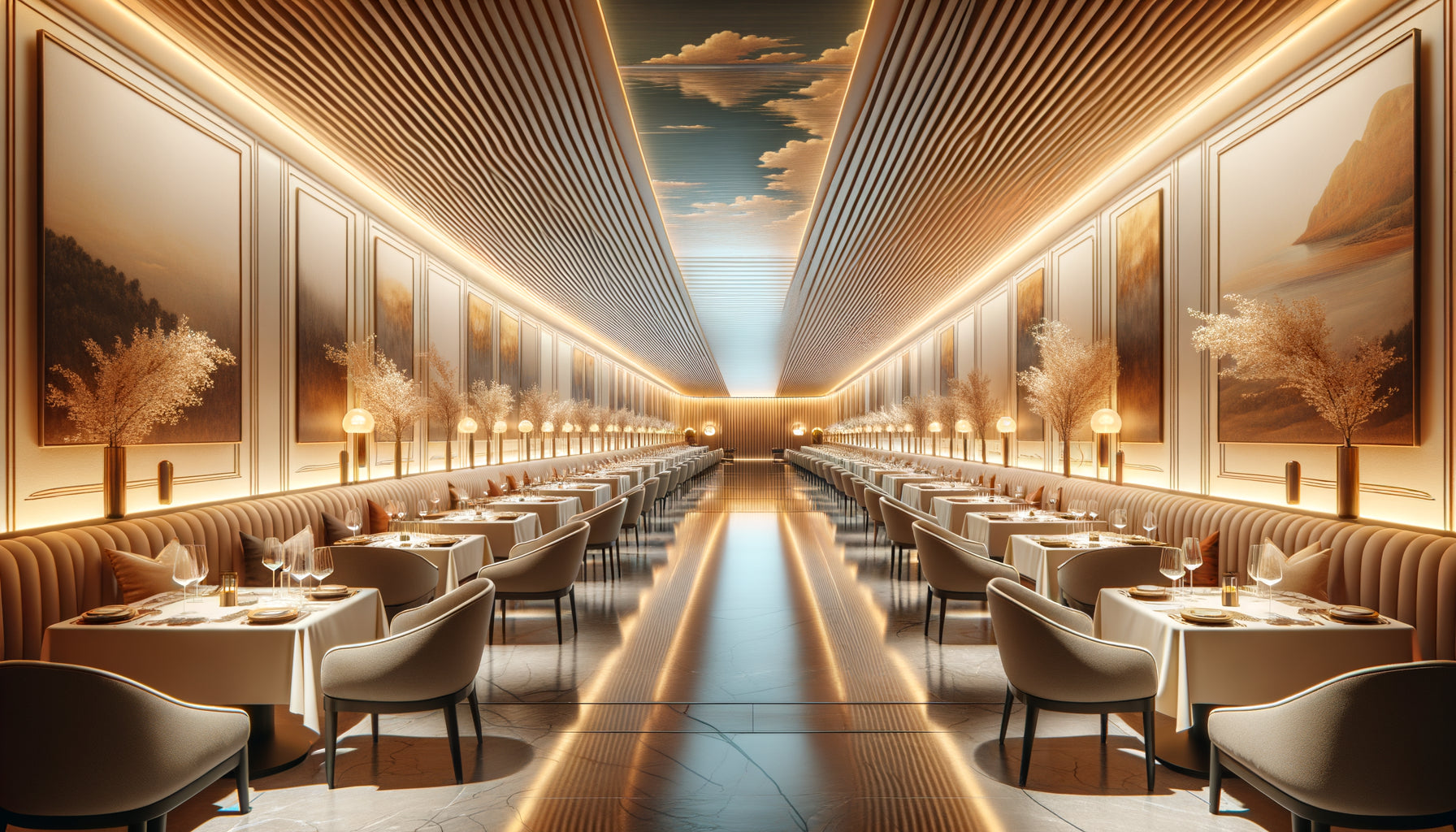 Restaurant étroit avec tableau panoramique horizontal créant une illusion d'agrandissement de l'espace