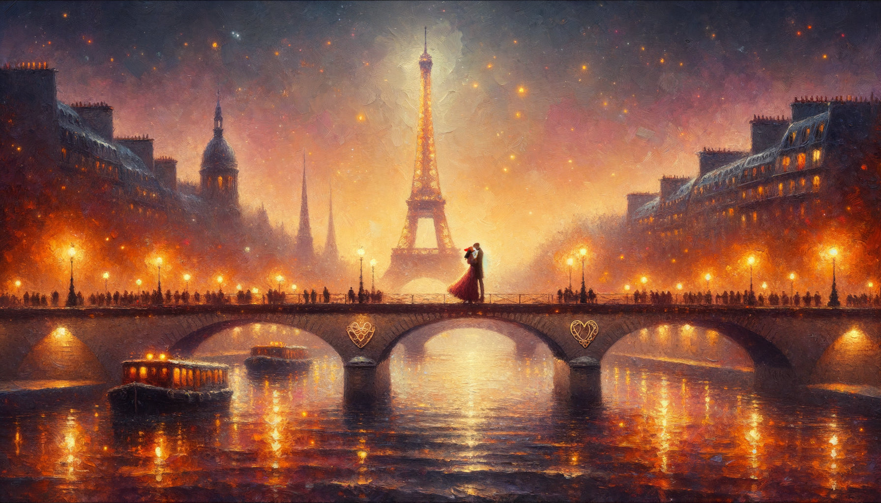Peinture romantique impressionniste de Paris montrant la Tour Eiffel illuminée et un couple sur le Pont des Arts