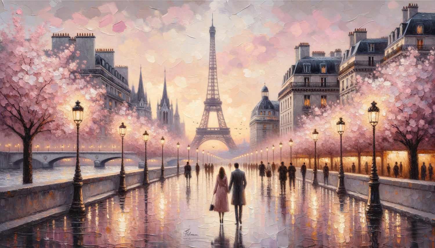Tableau romantique de Paris avec Tour Eiffel au coucher de soleil, couple marchant le long de la Seine, style impressionniste contemporain