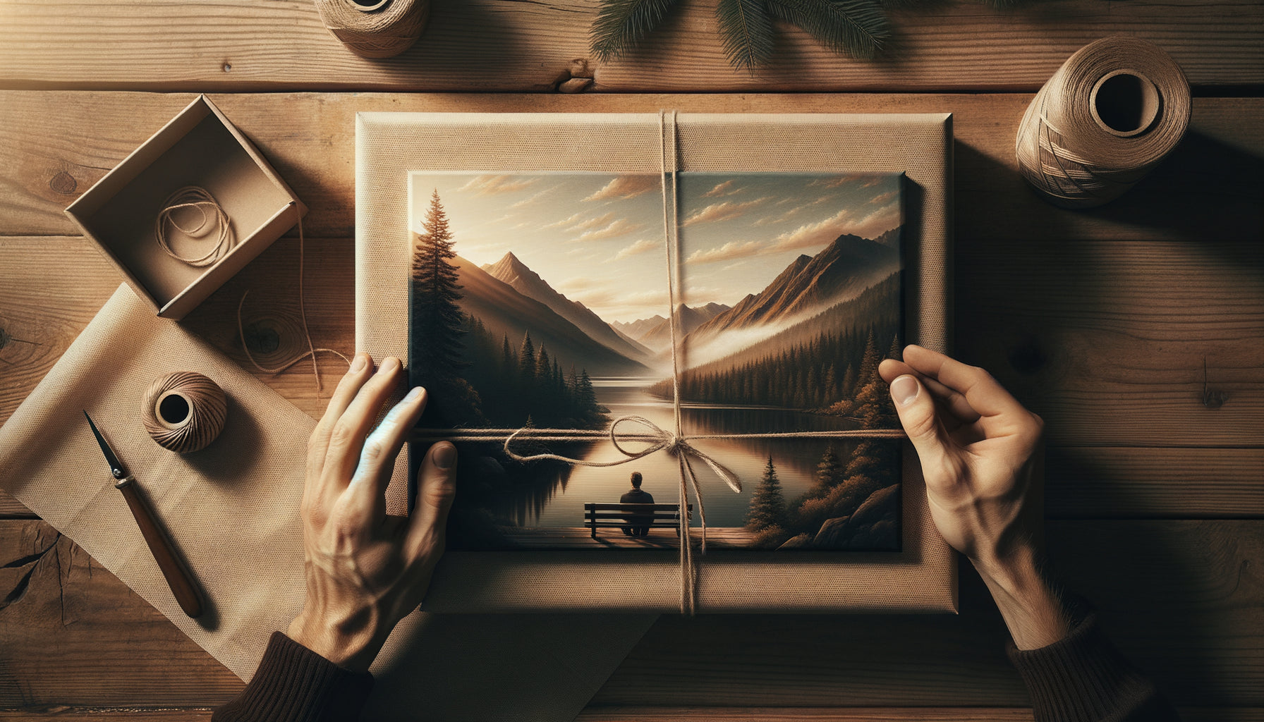 Mains emballant avec soin un tableau de paysage montagnard comme cadeau sur table en bois