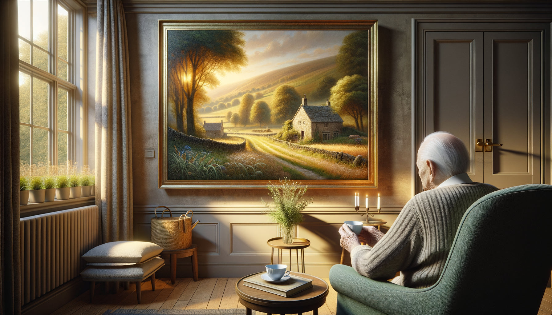 Tableau de paysage champêtre apaisant dans une chambre de résidence pour personnes âgées, atmosphère réconfortante et thérapeutique