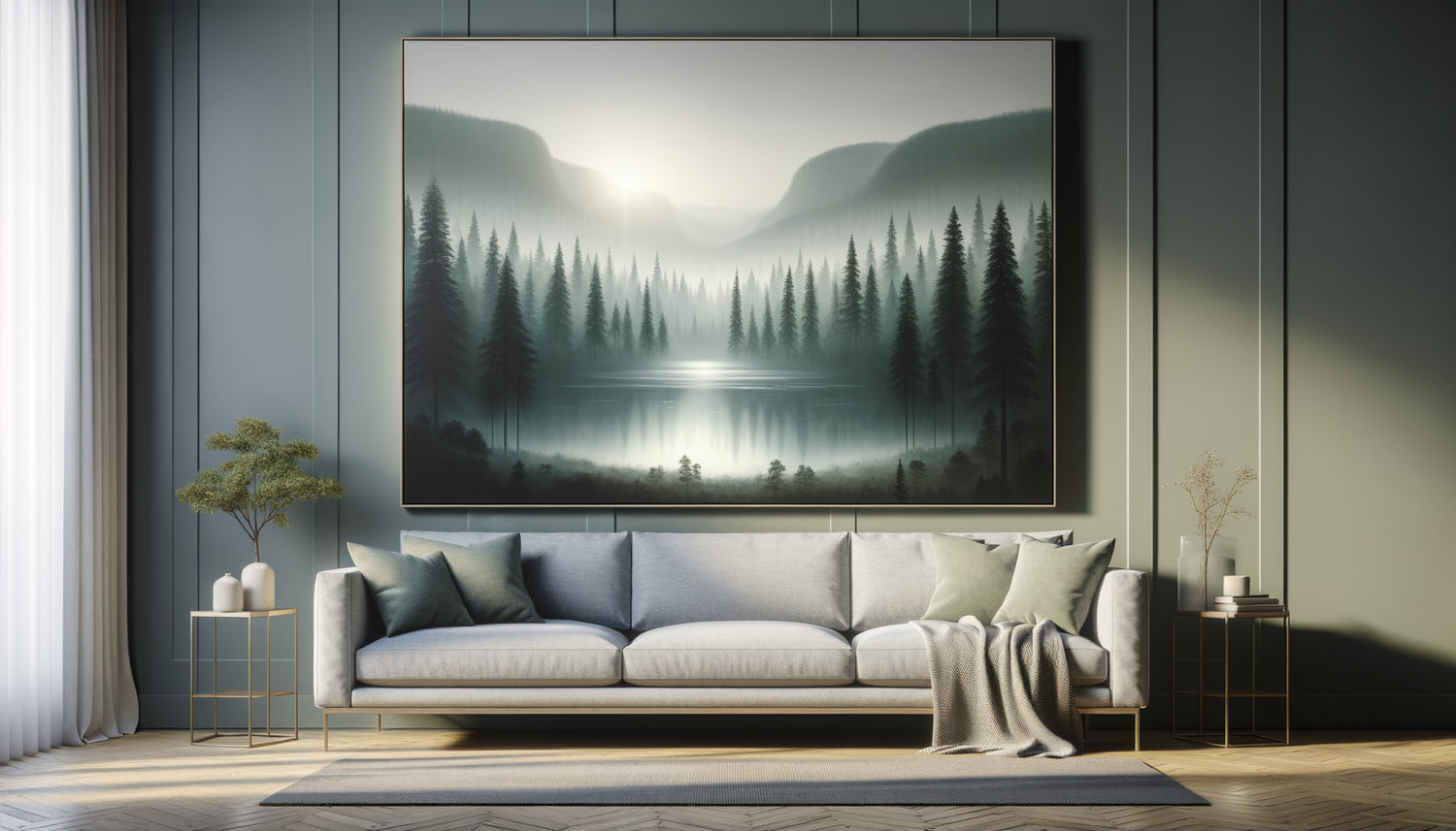 Tableau paysage forêt brumeuse au-dessus canapé salon minimaliste, atmosphère sereine et apaisante