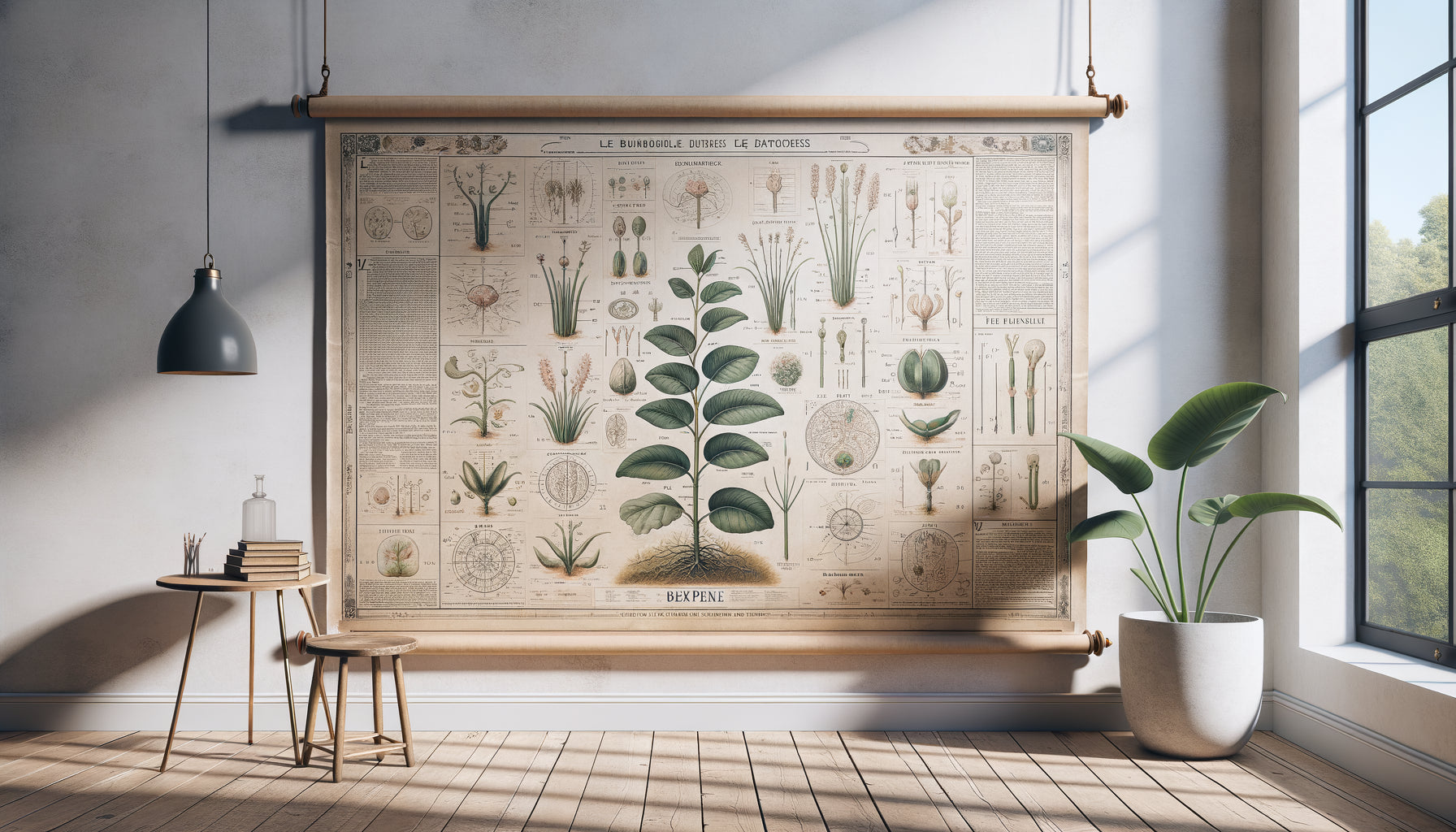 Planche pédagogique botanique vintage années 1920 accrochée sur mur blanc, illustrations scientifiques anciennes patinées