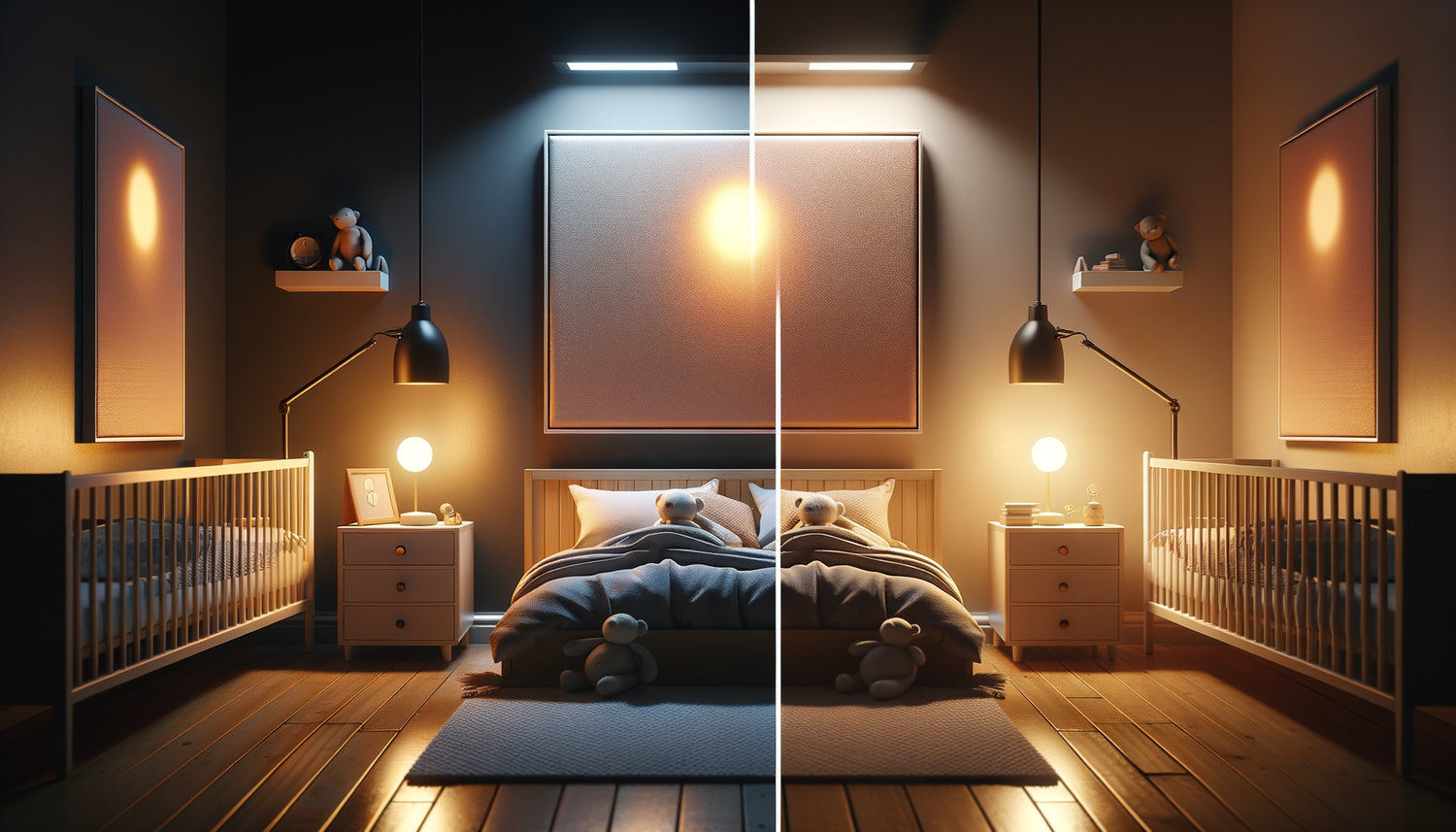 Comparaison photographique tableau peinture mate versus satinée reflétant lumière veilleuse chambre enfant nuit