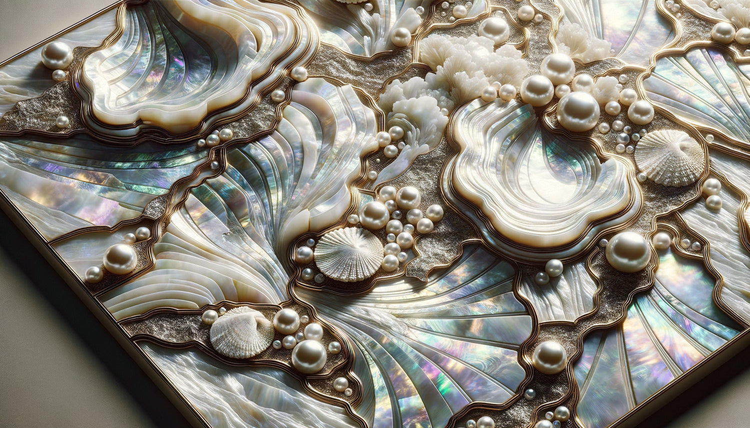 Tableau décoratif en nacre et perles véritables avec reflets irisés changeants, art mural luxueux inspiré des trésors marins