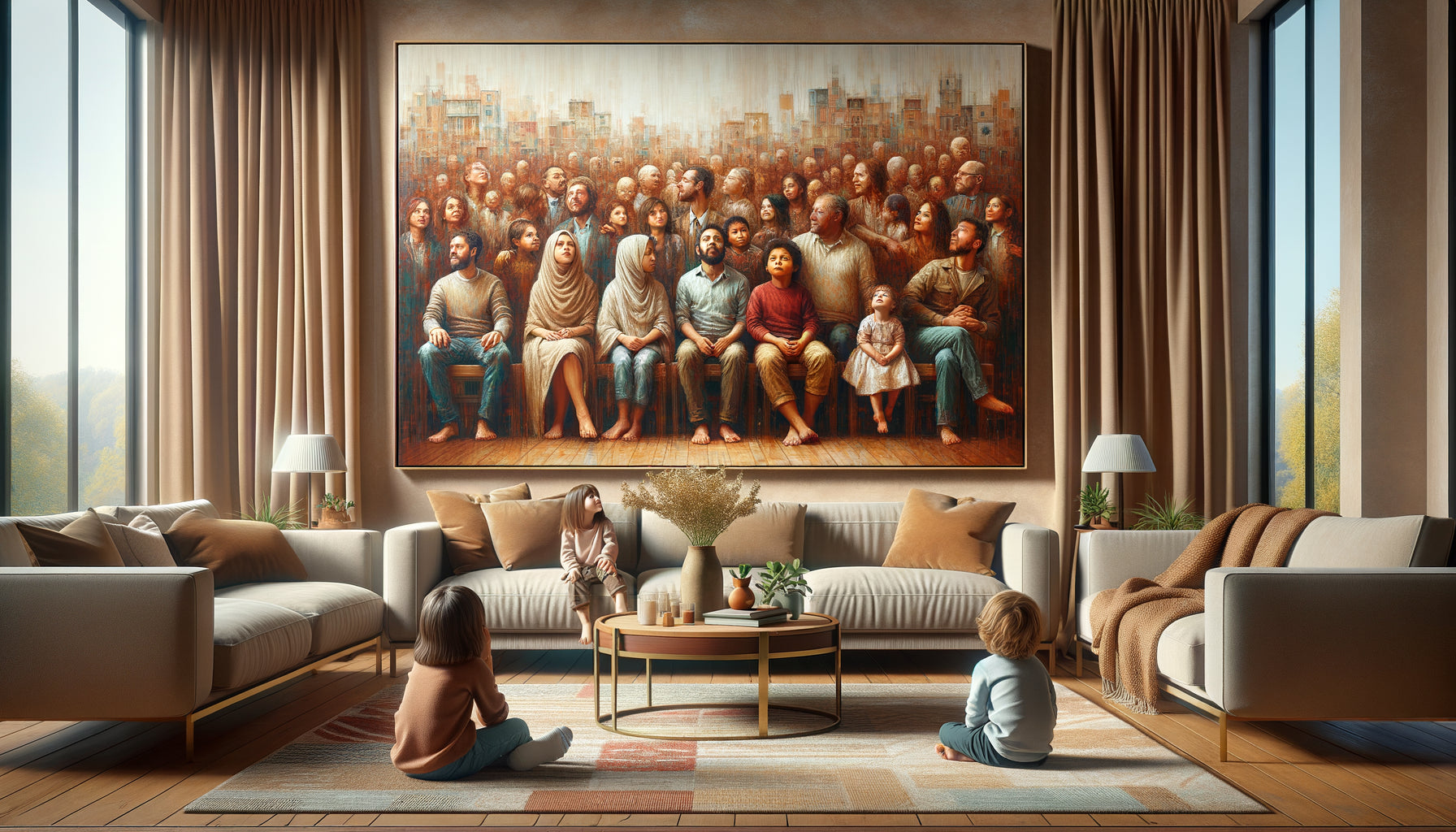 Salon familial contemporain avec grand tableau figuratif représentant des personnages, enfants admirant l'œuvre