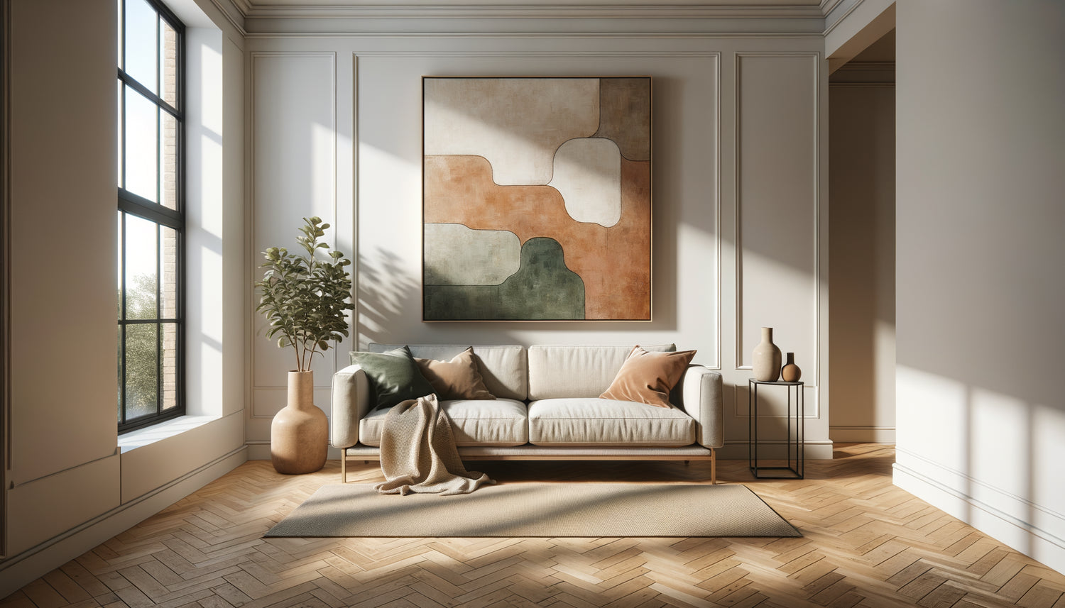Appartement moderne personnalisé par un tableau abstrait contemporain aux tons terre et vert sauge au-dessus d'un canapé beige