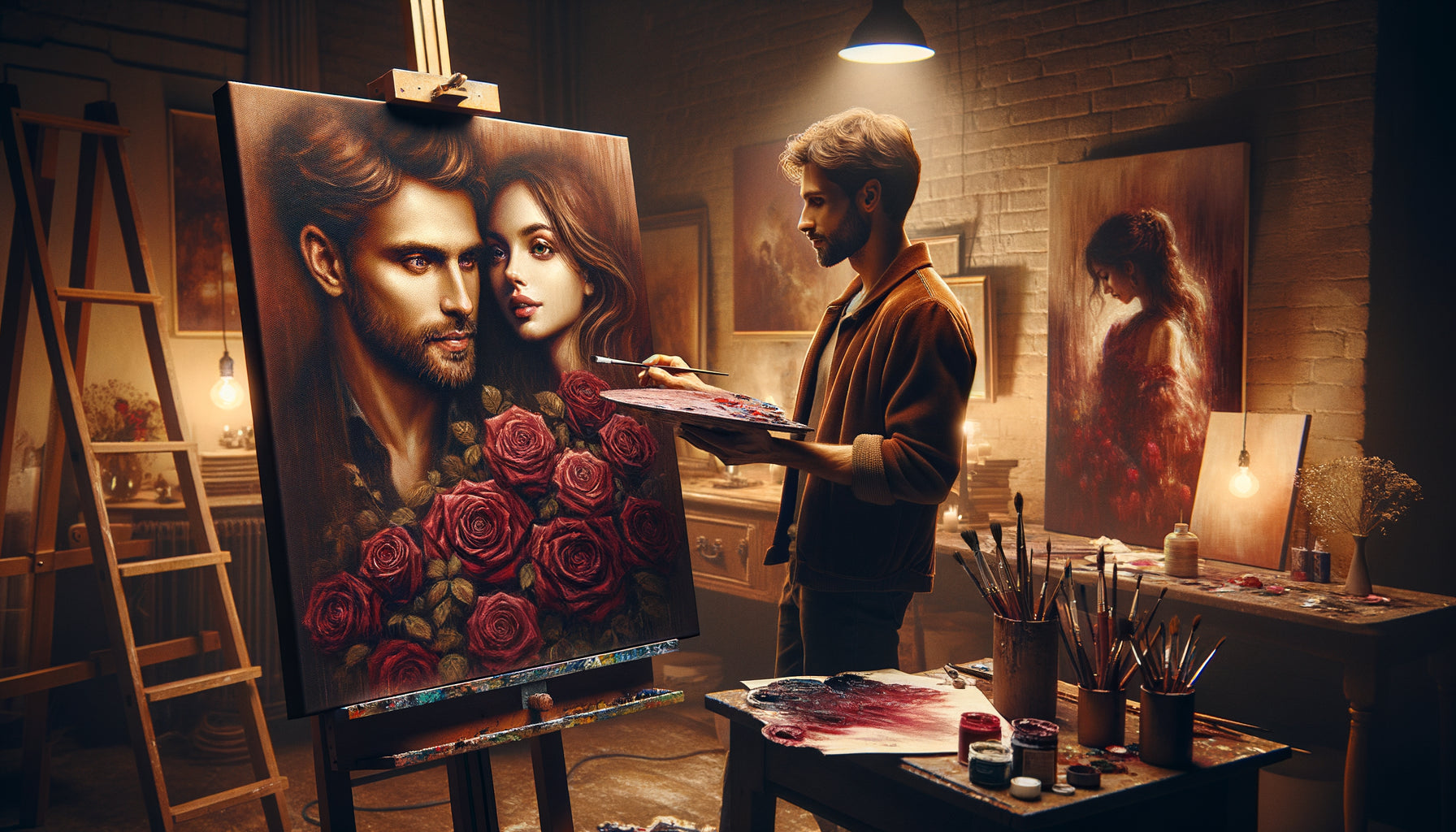 Portrait personnalisé de couple en peinture à l'huile, style romantique contemporain, œuvre sur-mesure pour Saint-Valentin