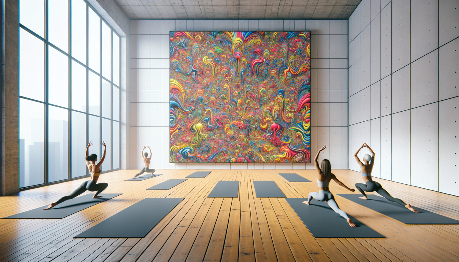 Studio de yoga contemporain avec tableau aux couleurs vives perturbant l'harmonie de l'espace de pratique