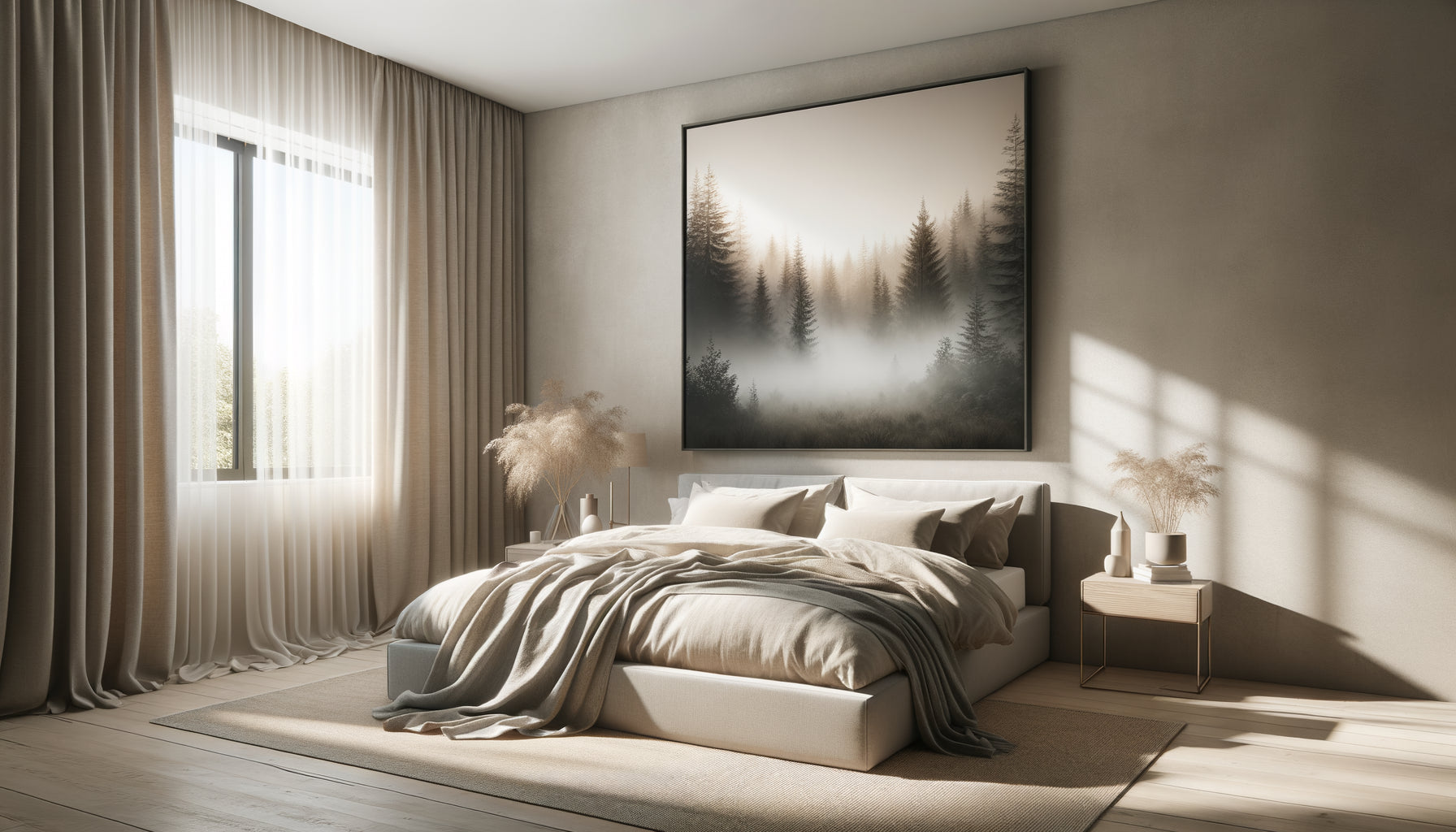 Chambre apaisante avec grand tableau photographique de forêt brumeuse, lumière naturelle douce, décoration minimaliste contemporaine