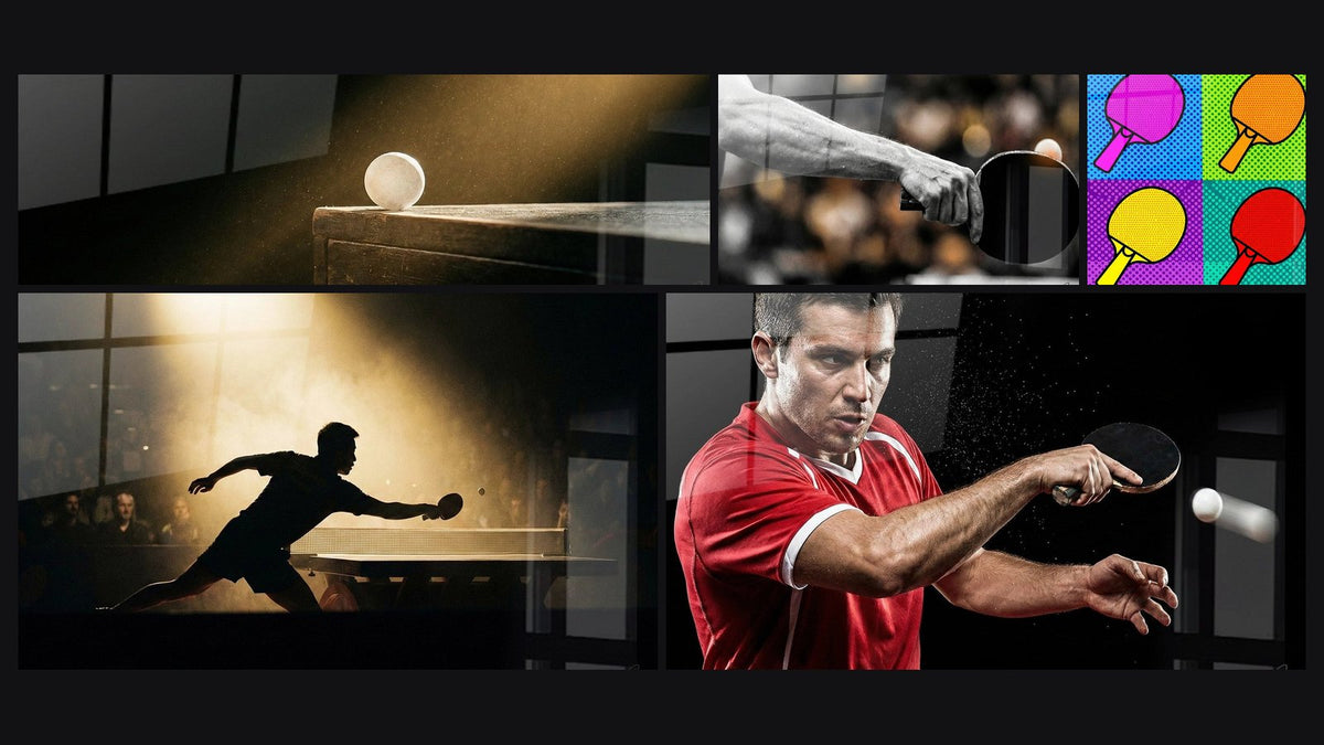 Mosaic of five paintings, including Ping Pong Ball, Ping Pong Player and Hand with Racket