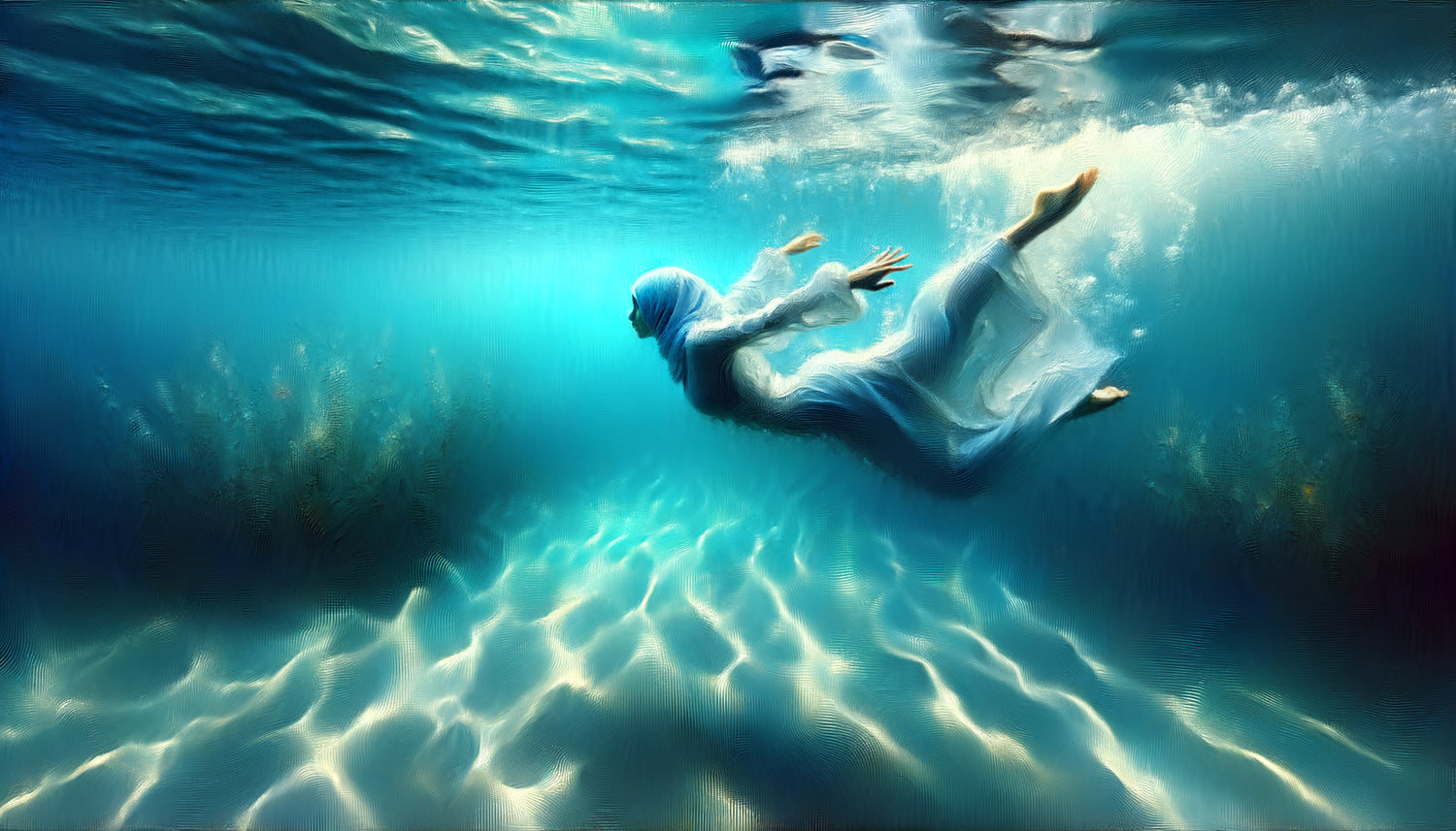 Peinture contemporaine figurative d'un plongeur suspendu gracieusement dans l'eau turquoise, capturant poésie et liberté du mouvement aquatique