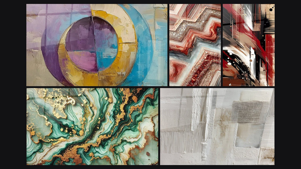 Mosaico de cinco cuadros, entre ellos Círculos concéntricos coloridos, Mármol Misterioso y Fusión Geométrica