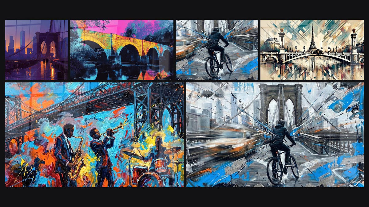 Mosaic of six paintings, including Brooklyn Bridge at Sunset and Alexandre III Bridge Wall Art N°2