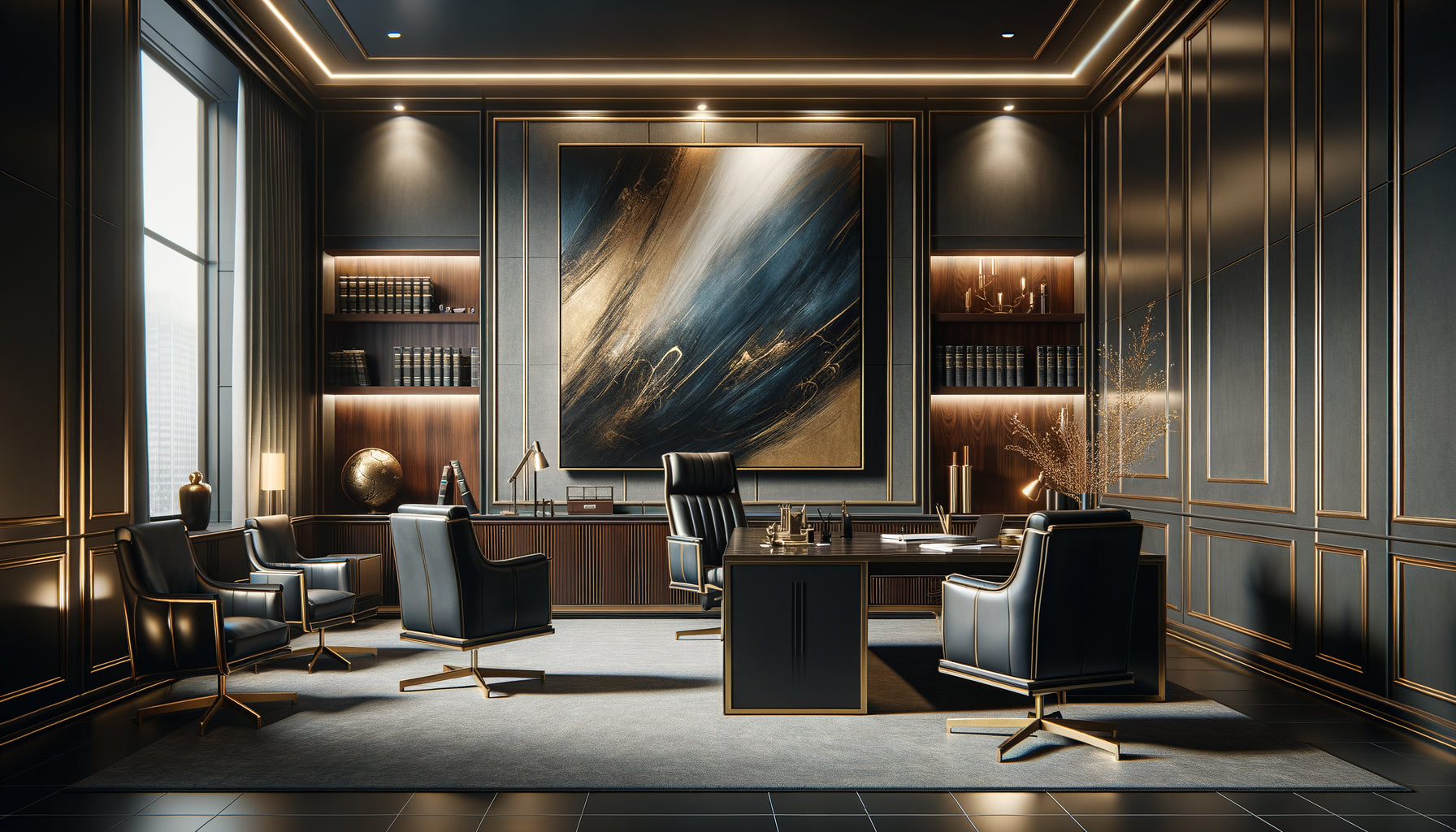 Tableau abstrait professionnel haut de gamme accroché dans un cabinet d'avocat contemporain au décor prestigieux