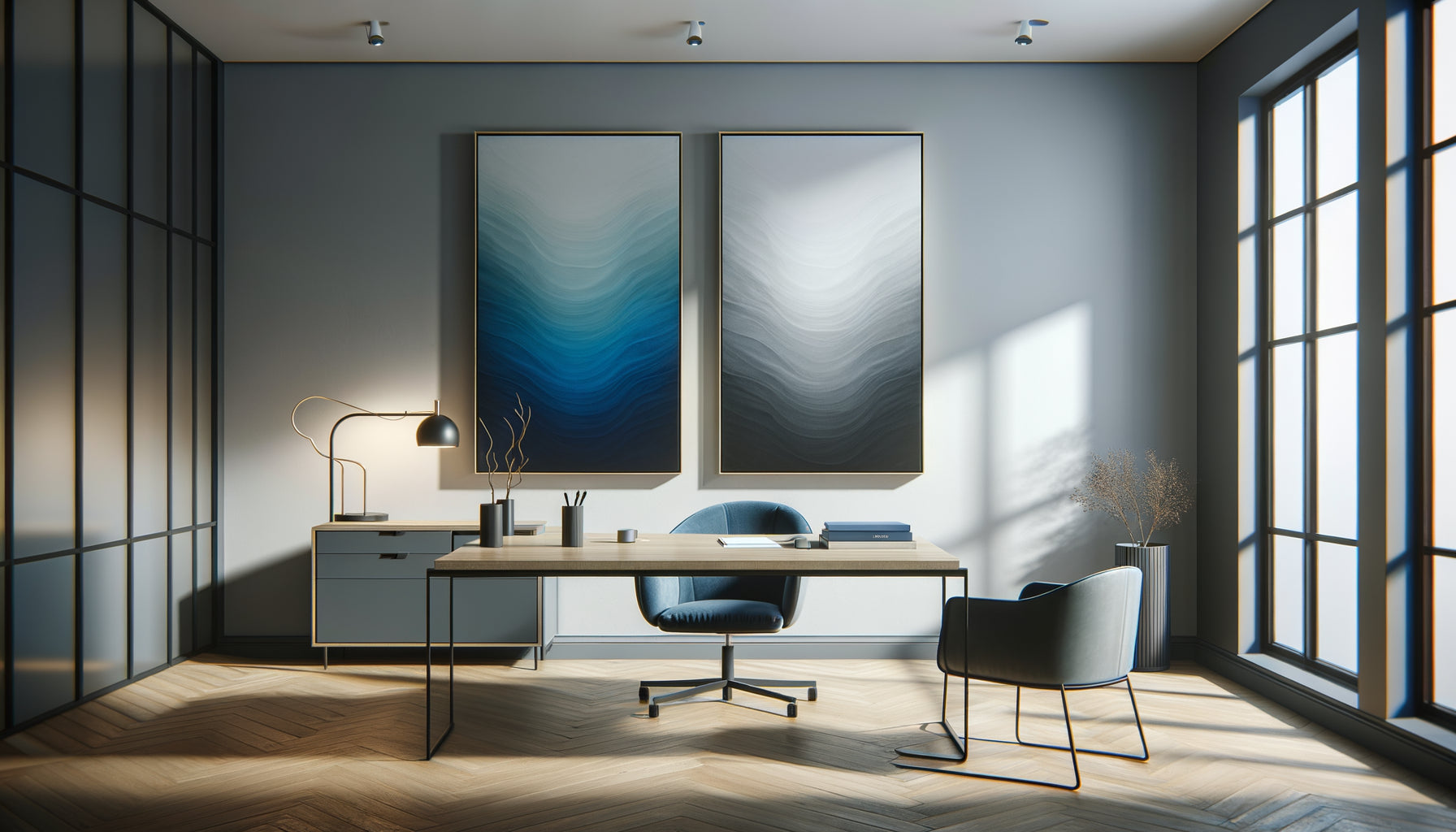 Bureau professionnel moderne avec tableaux abstraits à dominantes bleue et grise côte à côte pour comparaison