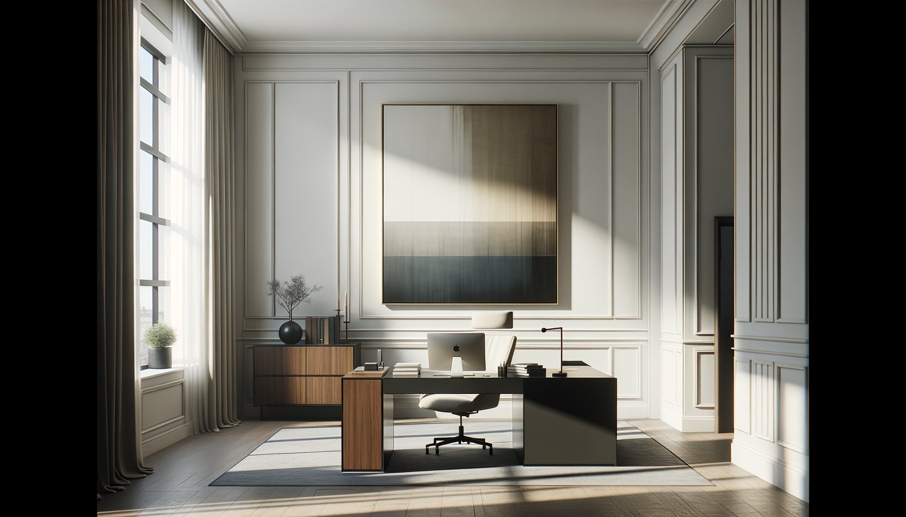 Tableau abstrait aux couleurs sourdes dans un bureau professionnel élégant, illustrant la sophistication discrète et les proportions équilibrées