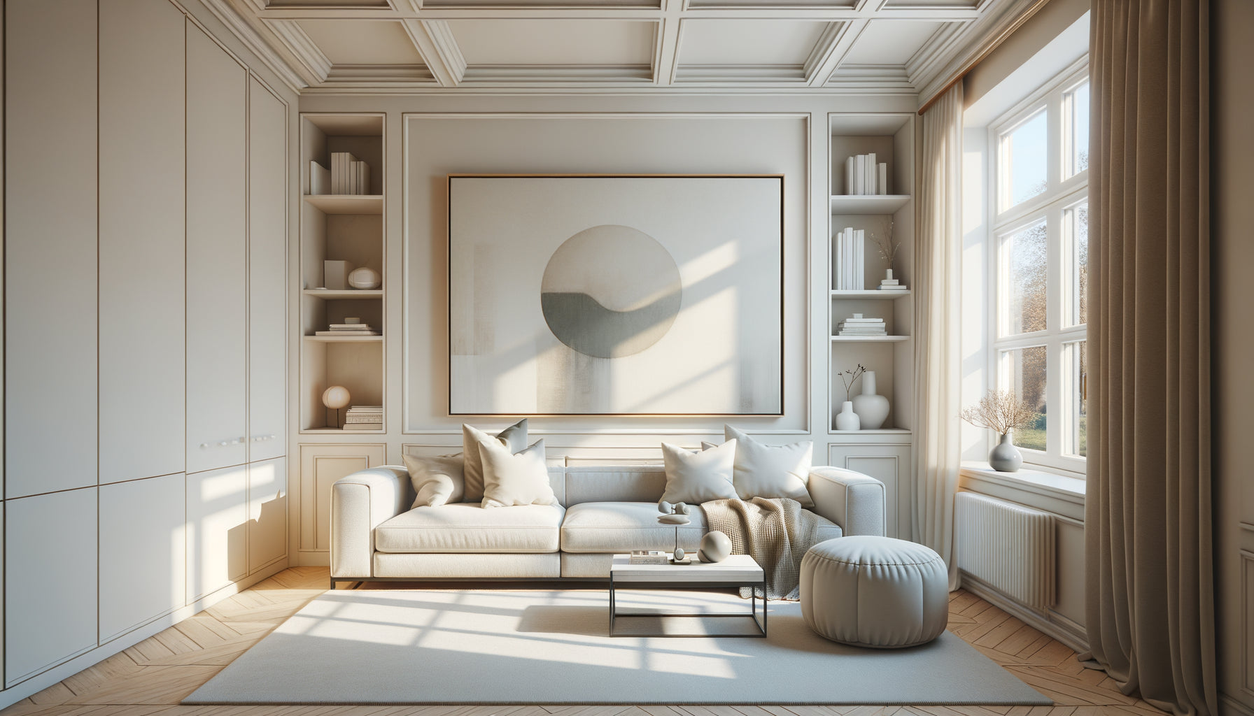 Petit salon contemporain minimaliste avec tableau unique bien proportionné créant équilibre visuel et impression d'espace