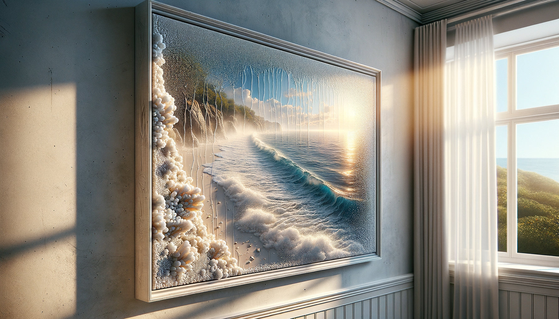 Tableau protégé contre l'humidité dans intérieur côtier avec gouttelettes sur verre de protection