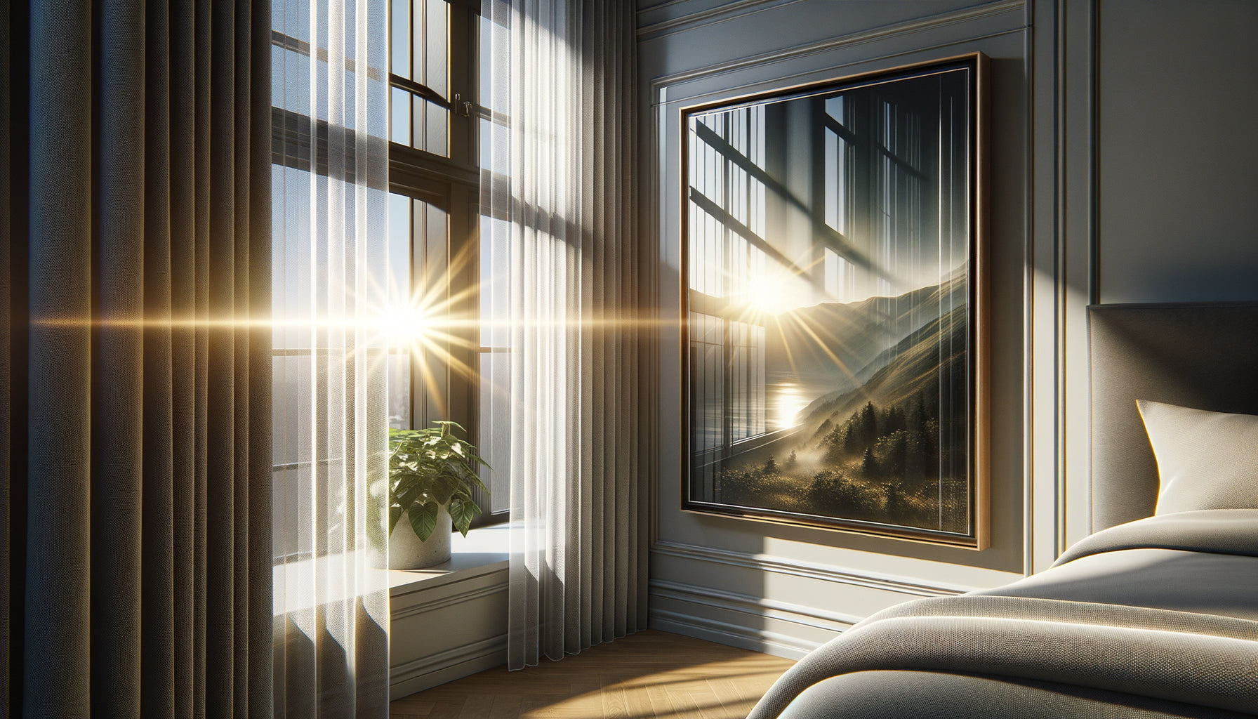 Tableau encadré avec verre anti-UV protégeant une œuvre d'art près d'une fenêtre ensoleillée exposée sud