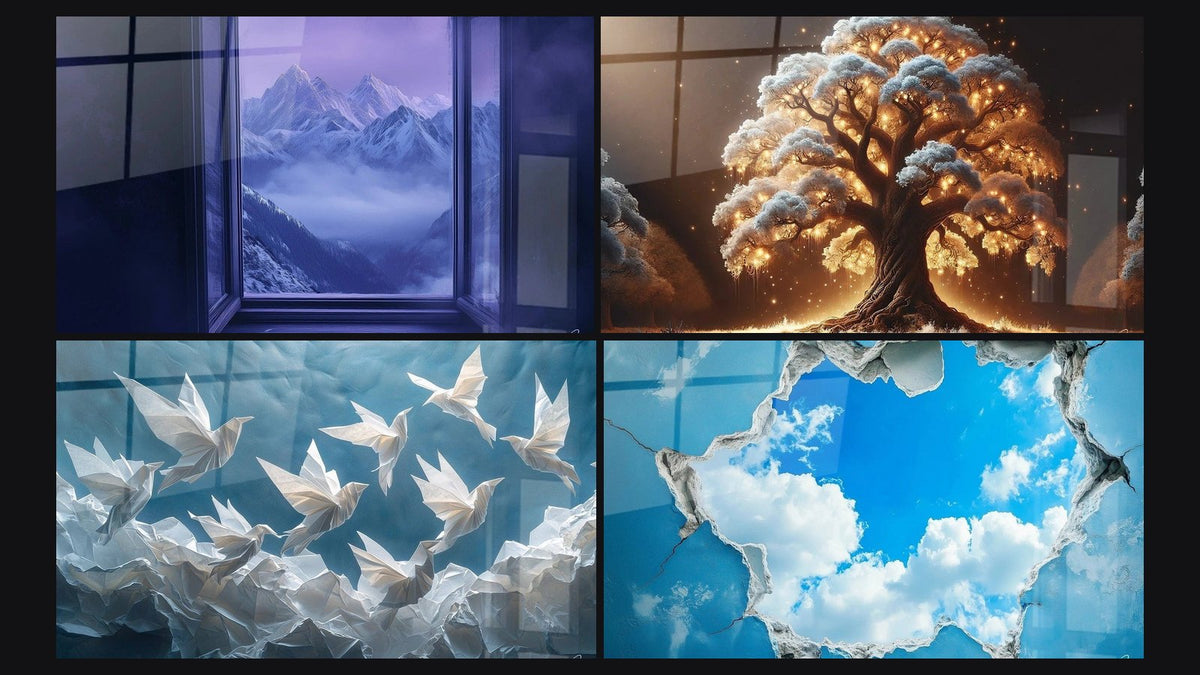 Mosaico di quattro quadri, tra cui Montagna Sogno d'Altitudine, Albero della Notte e Origami Danza di carta