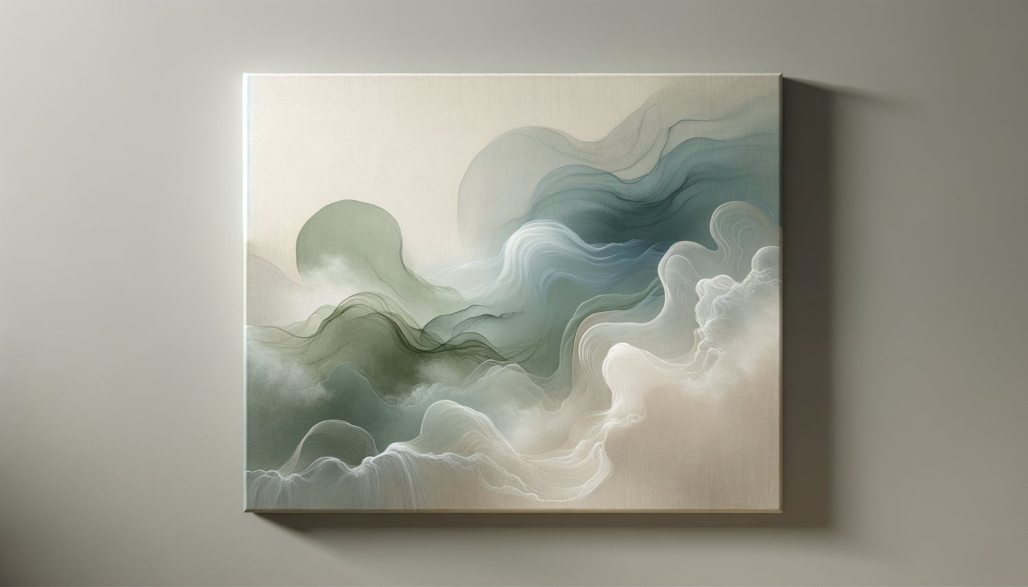 Tableau abstrait aux tons apaisants bleu pâle et vert sauge, formes organiques fluides favorisant la relaxation profonde