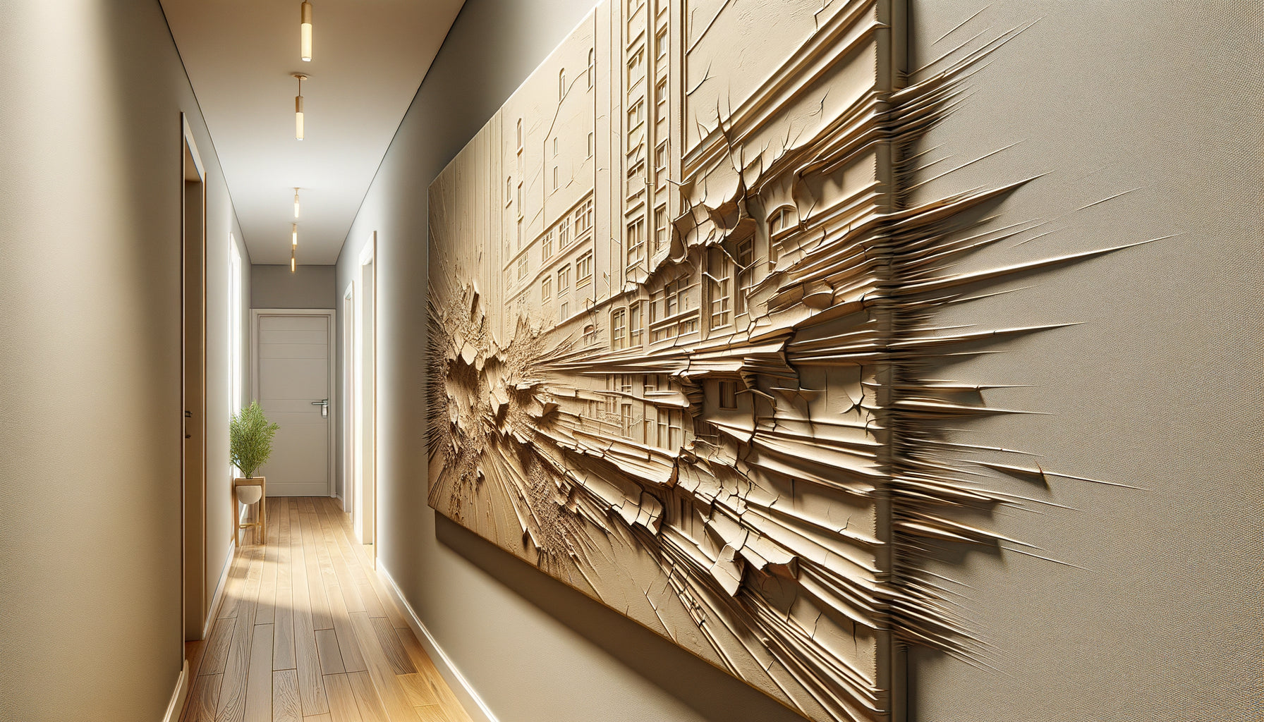 Tableau avec relief 3D endommagé dans un couloir étroit d'une maison moderne, montrant les risques de chocs accidentels