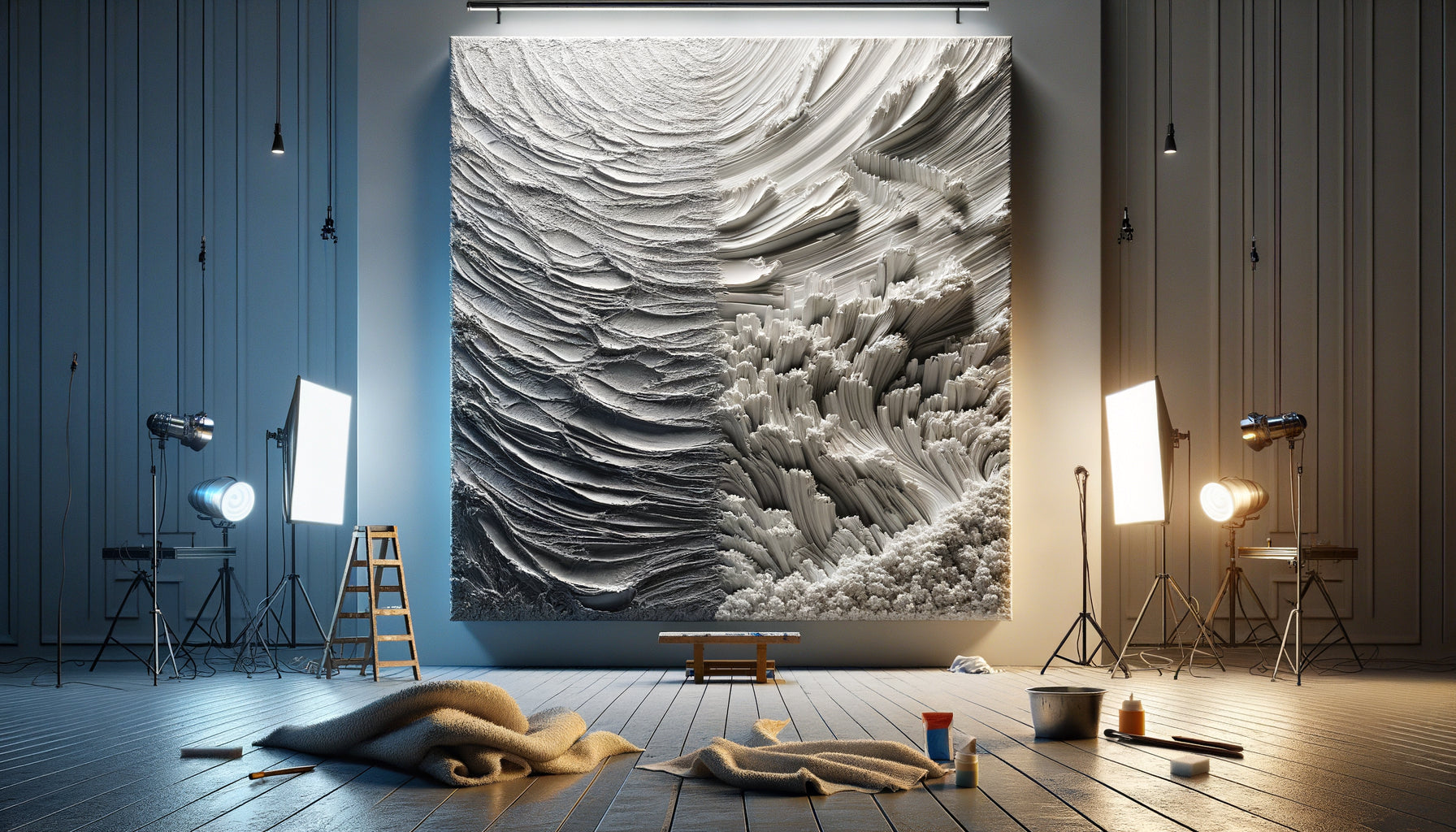 Comparaison photographique entre tableau à relief texturé épais et tableau à surface lisse brillante pour illustrer différences d'entretien