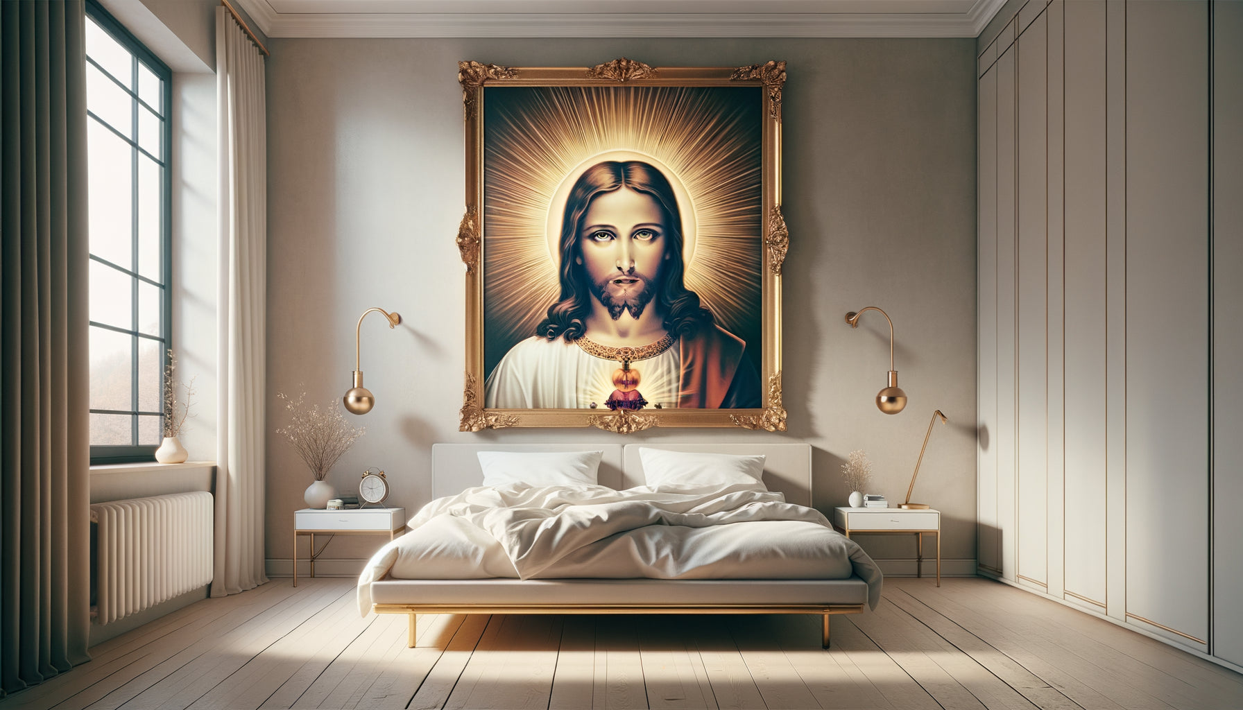 Tableau religieux du Sacré-Cœur au regard frontal accroché dans une chambre laïque minimaliste moderne