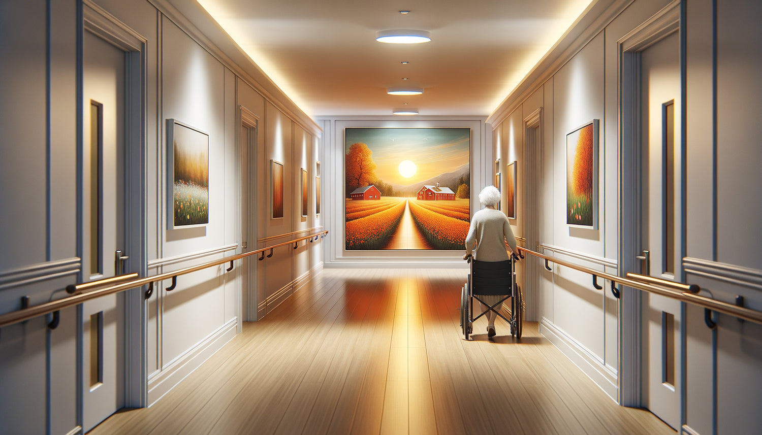Résidente âgée se dirigeant vers un tableau coloré distinctif servant de repère visuel dans un couloir d'établissement de soins
