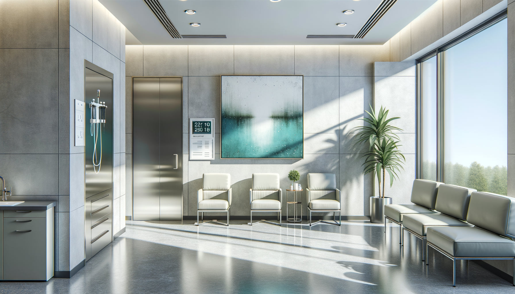 Tableau abstrait avec support résistant à l'humidité installé dans cabinet professionnel en rez-de-chaussée