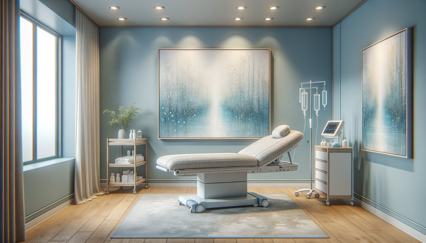 Tableau encadré résistant à l'humidité avec protection en verre acrylique dans une salle de soin moderne aux murs bleus