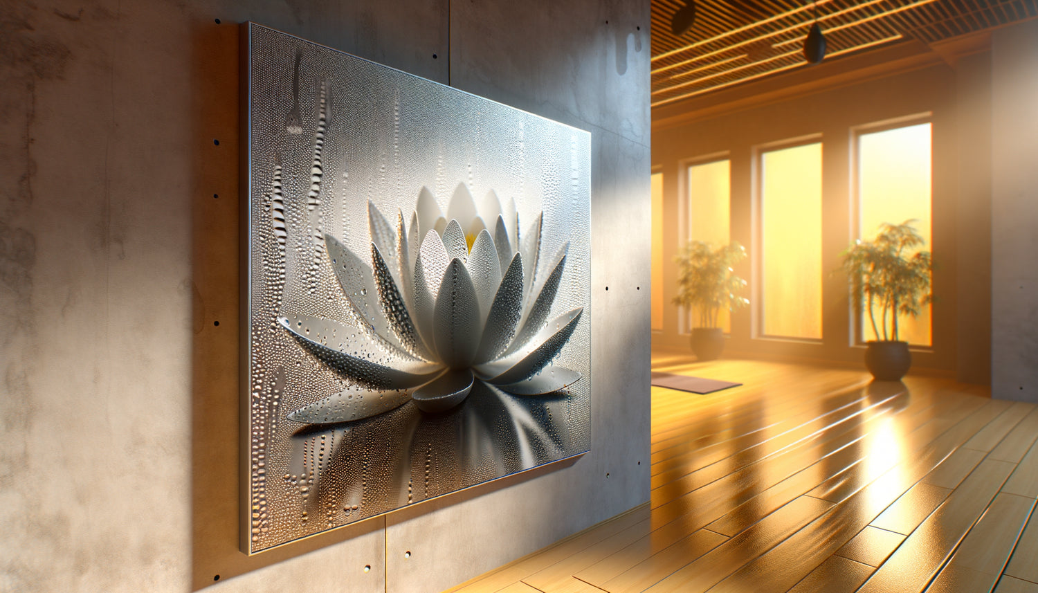 Tableau résistant à l'humidité avec protection acrylique dans environnement de yoga Bikram, condensation visible sur surface étanche