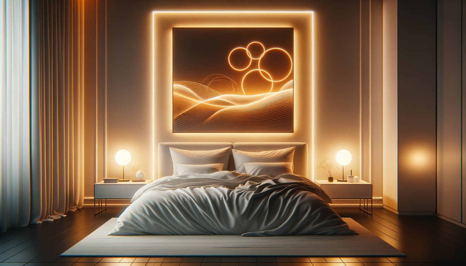 Chambre contemporaine avec tableau rétroéclairé LED à lumière chaude créant une ambiance apaisante propice au sommeil