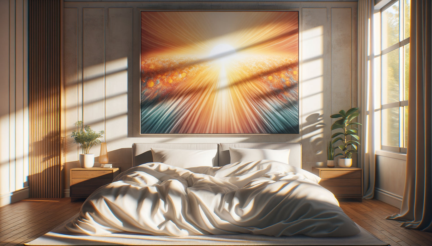 Vue depuis un lit au réveil sur un tableau coloré aux tons chauds créant une ambiance matinale positive
