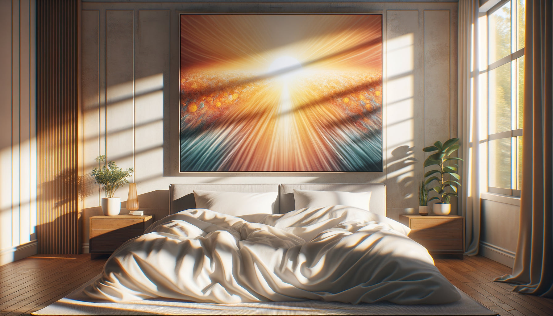 Vue depuis un lit au réveil sur un tableau coloré aux tons chauds créant une ambiance matinale positive