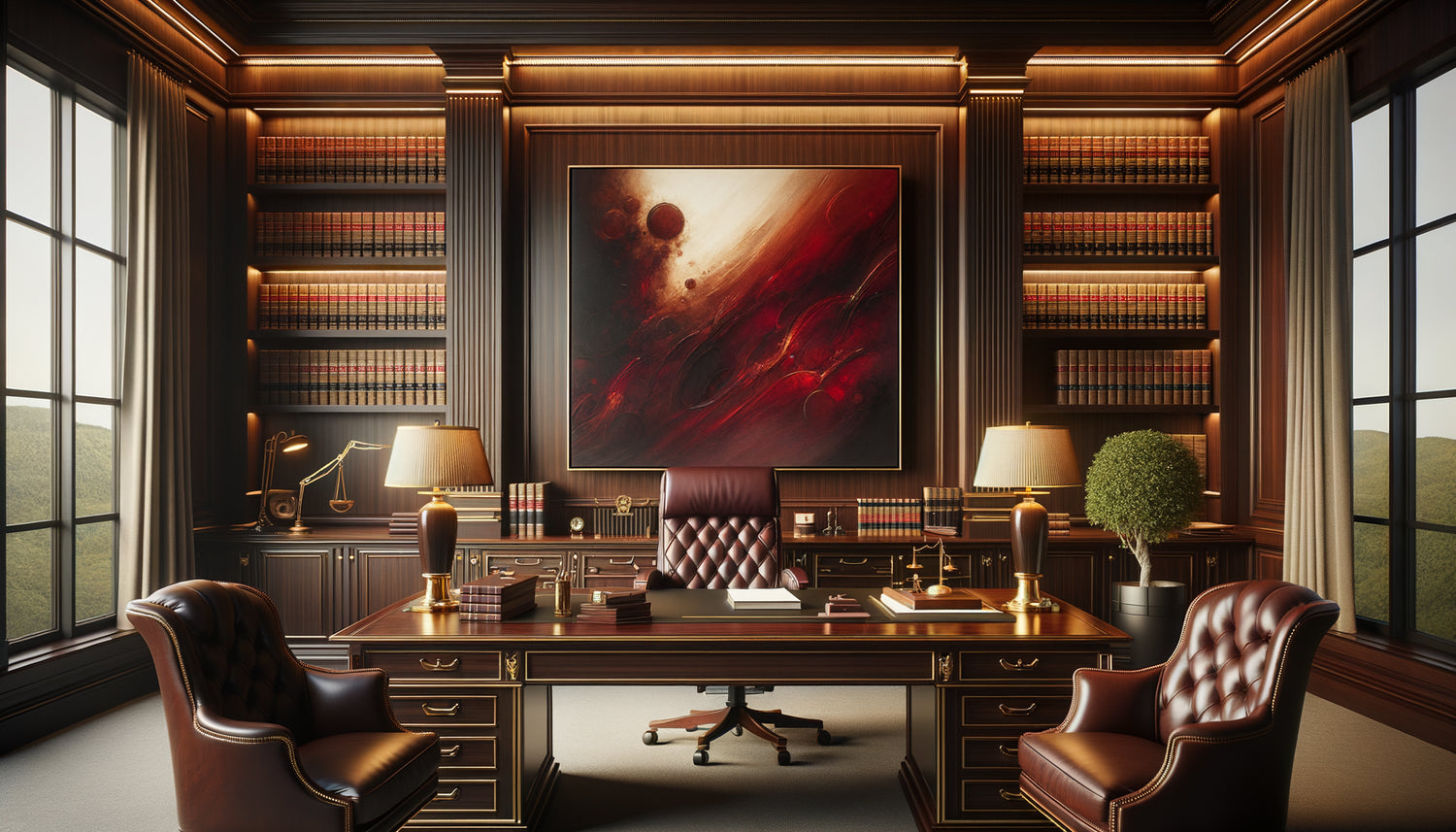 Tableau abstrait à dominante rouge dans un cabinet d'avocat élégant avec boiseries sombres et mobilier classique