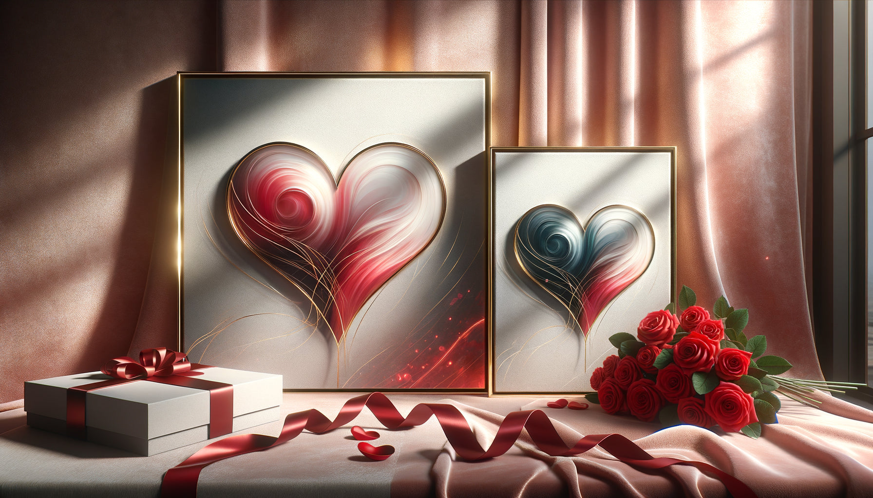 Comparaison tableau Saint-Valentin encadré et sans cadre sur fond velours rose avec roses