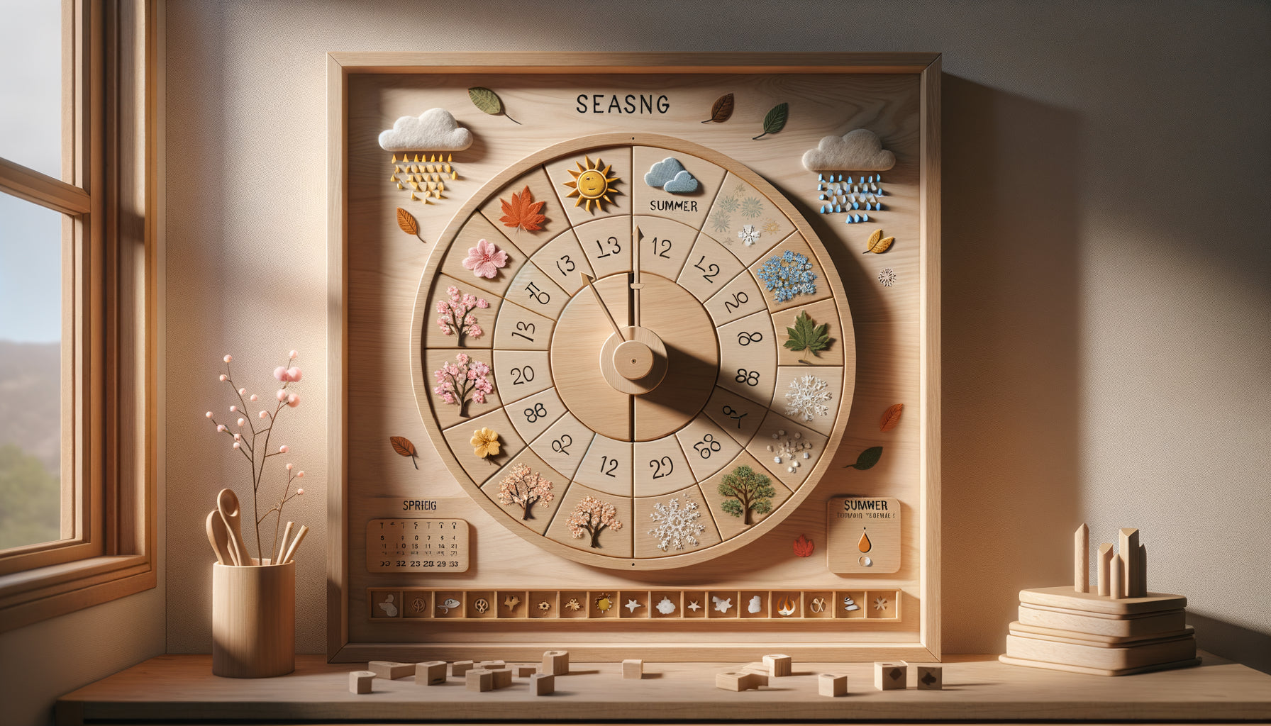 Tableau pédagogique Montessori des saisons et météo avec roue circulaire illustrée et symboles tactiles dans classe enfantine