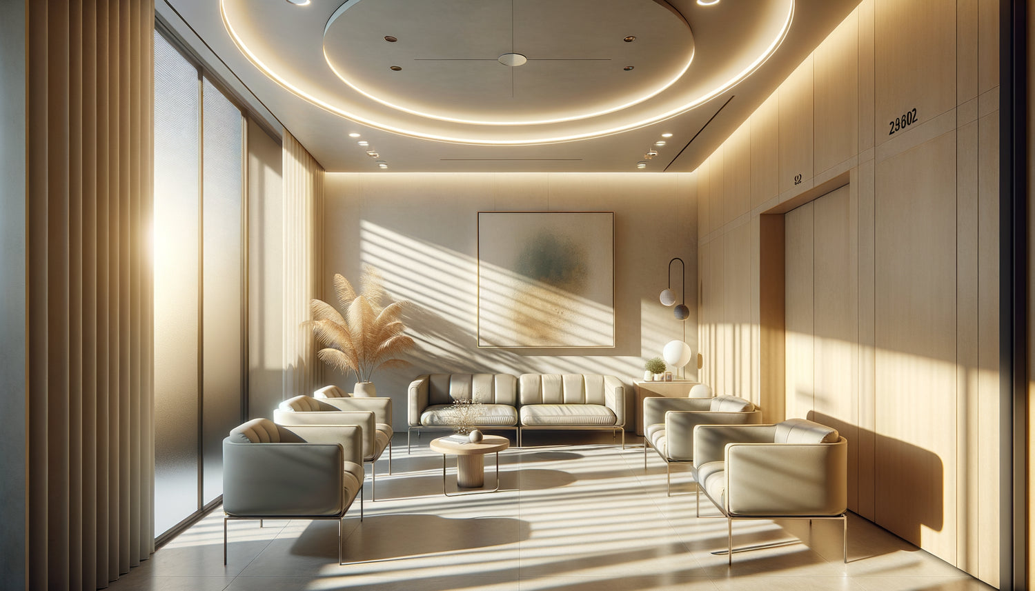 Salle d'attente médicale moderne avec lumière solaire directe et tableau protégé contre les UV