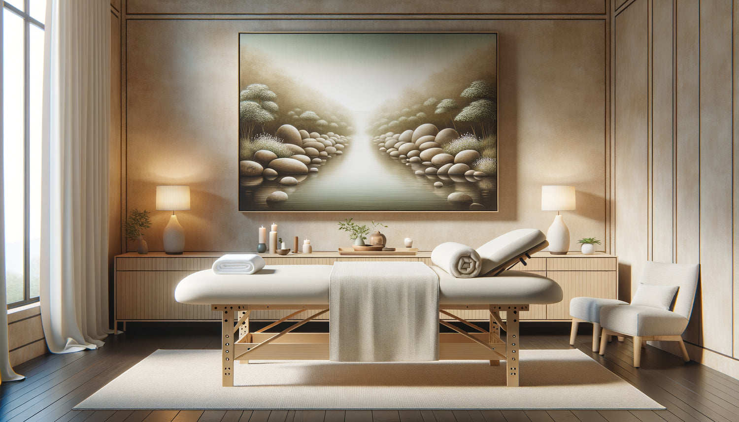 Salle de massage professionnelle avec tableau horizontal aux tons apaisants représentant un jardin zen sur le mur